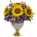 Sunflower and Lilac Artificial Arrangement in Stoneware Urn with Gold Trimming