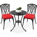 3-Piece Bistro Set Aluminum Outdoor Dining Furniture Set for Patio Porch Backyard w/Umbrella Hole 2 Chairs 2 Cushions Polyester Fabric - Black/Red