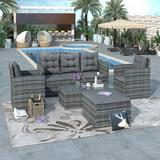 5PCS Outdoor Furniture Sets Patio Conversation Sets Dining Set with 3-seat Sofa Coffee Table 2 Arm Chair and Ottoman Wicker Dining Set Bistro Set with Storage Bench for Garden Deck Gray LJ3666