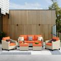 HOOOWOOO 5-piece Rattan Patio Conversation Sectional Sets Outdoor Wicker 5-person Setting Group with Chair Sofa and Ottomans-Orange Red