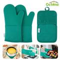 Oven Mitts and Pot Holders Set Heat Resistant Oven Mitts Gloves Set Hot Pads for Kitchen Cooking Grill Pure Cotton and Terrycloth Lining Heavy Duty Thick Gloves Black 4-Piece Set Green