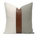 Farmhouse Stripe Patchwork Linen Throw Pillow Case Modern Faux Leather Accent Contrast Color Decorative Cushion Cover