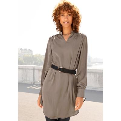 Longbluse LASCANA, Damen, Gr. 38, braun (cappuccino), Satin, Obermaterial: 100% Polyester, unifarben, festlich, figurumspielend hüftbedeckend, V-Ausschnitt, Langarm 2-Knopf-Manschette, Blusen Image
