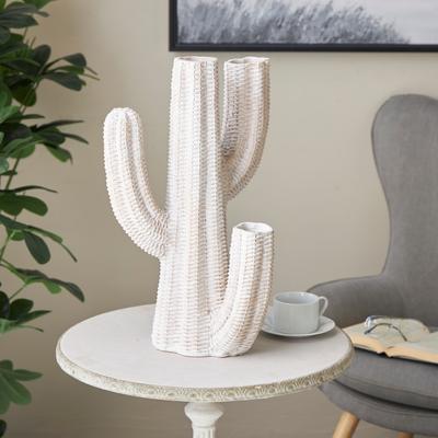 Cream Resin Tall Textured Cactus Indoor Outdoor Planter