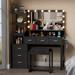 Latitude Run® Kelila Makeup Vanity Desk w/ Lighted Mirror & Charging Station Wood in Black | 53.9 H x 47.9 W x 15.7 D in | Wayfair