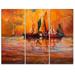 Design Art Boats and Ocean in Red - 3 Piece Painting Print on Wrapped Canvas Set