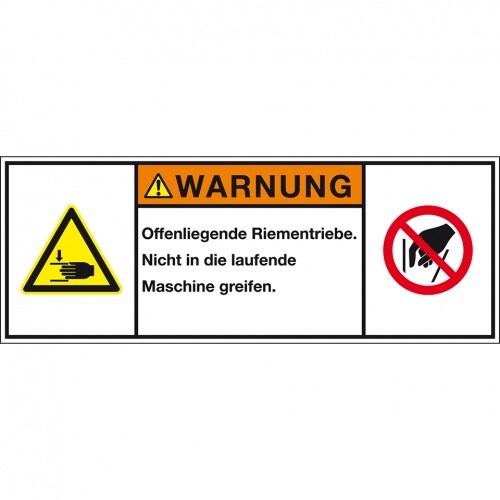 Aufkleber I Produktsicherheitsschild Warnung Offenliegende Riemen, RoHS konform, Folie, 200x75mm, ISO 3864-2 Image
