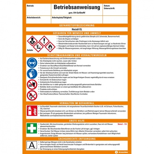 Betriebsanweisung Heizöl EL, CLP/GHS, Kunststoff, 210x297mm, ASR A1.3, DIN EN ISO 7010 Image