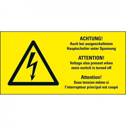 Aufkleber I Warn-Kombischild Auch bei ausgeschaltetem..., RoHS konform, 3-spr., Folie, 74x37mm, ASR A1.3, DIN EN ISO 7010 W012 Image