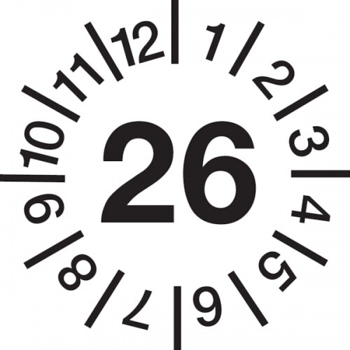 König Werbeanlagen Jahresprüfplaketten ab 26, Jahresfarben, Dokumentenfolie, Ø 10 - 30 mm - Bogen = 10 Plaketten - 10 mm Dokumentenfolie selbstklebend Image