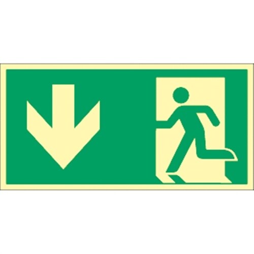 Aufkleber Notausgang links Pfeil unten, ISO 7010, Folie, nachleucht., 160-mcd, 297x148 mm Image
