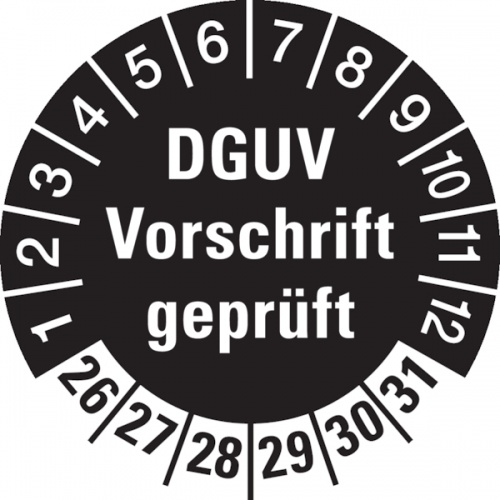 König Werbeanlagen Prüfplakette ab 26, DGUV Vorschrift geprüft, schwarz/weiß, Ø 30 mm - Bogen = 10 Plaketten - 30 mm Dokumentenfolie selbstklebend Image