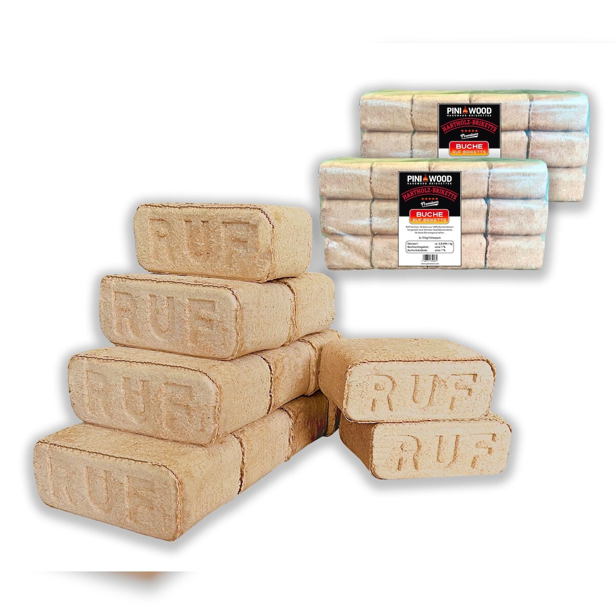 PINI Holzbriketts 100% Buche RUF 20 kg Hartholzbriketts Kamin Ofen Grill Feuerstelle Brennholz Image