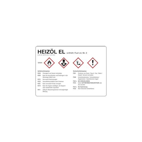 Gefahrstoffetikett, Heizöl EL, Folie, mit H- und P-Sätzen /GHS/CLP/GefStoffV – 210×148 mm Folie selbstklebend