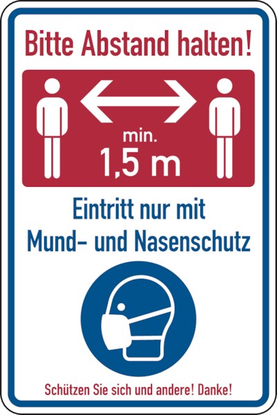 Kombischild, Bitte Abstand halten! Eintritt nur mit Mund- und Nasenschutz - 100x150 mm Folie selbstklebend Image