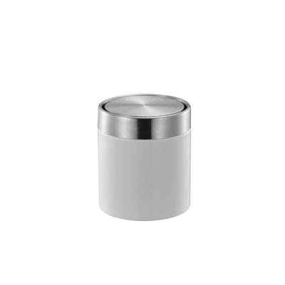 PROREGAL Schön geformter Tischabfallbehälter mit Flachschwingdeckel | 1,5 Liter, HxØ 13,8x12cm | Edelstahl / Weiß Image