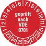 Prüfplakette ab 23, geprüft ab 23 nach VDE 0701, rot/weiß, Ø 30 mm - Bogen = 10 Plaketten - 30 mm Folie selbstklebend