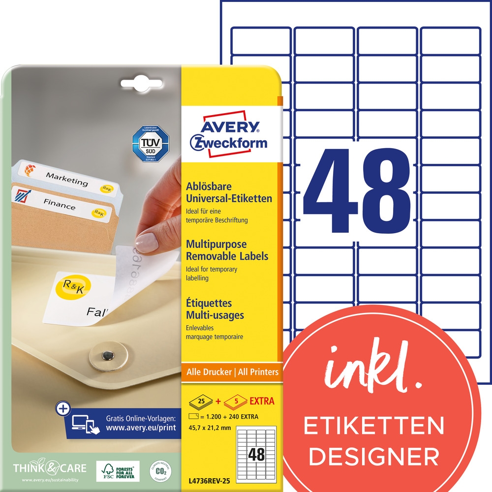 Avery Zweckform L4736REV-25 Universal-Etiketten, ablösbar, A4, 45,7 x 21,2 mm, 30 Bogen/1.440 Etiketten, weiß Image