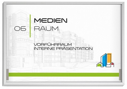Madrid Silver Line Türschild A6 quer | 105x150 mm | Alu Rahmen silber eloxiert | entspiegelte Abdeckung | Klebemontage ohne Bohren | Schild Büroschi Image