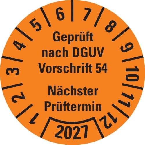 Dreifke® Prüfplakette Gepr.nach DGUV Vorschrift 54 2027,orange,Dokufolie,Ø30mm,18 St/Bogen Image