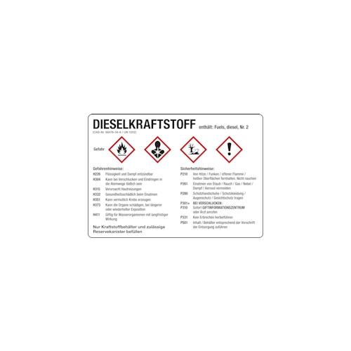 Gefahrstoffetikett, Dieselkraftstoff, Folie, mit H- und P-Sätzen /GHS/CLP/GefStoffV – 210×148 mm Folie selbstklebend