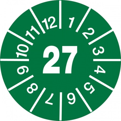 König Werbeanlagen Jahresprüfplaketten ab 27, Jahresfarben, Folie, Ø 10 - 30 mm - Bogen = 10 Plaketten - 15 mm Folie selbstklebend Image