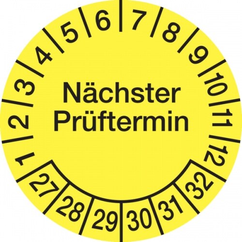 König Werbeanlagen Prüfplakette ab 27, Nächster Prüftermin, Dokumentenfolie, gelb/schwarz, Ø 15/30 mm - Bogen = 10 Plaketten - 30 mm Dokumentenfolie selbstklebend Image