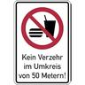 Verbotsschild, Kombischild, Kein Verzehr im Umkreis von 50 Metern!, Aluminium - 200 x 300 x 2 mm Aluverbund