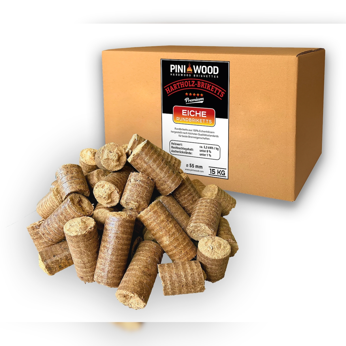 PINI Hartolzbriketts 100% Eiche 15 kg Kamin Ofen Brennholz Grill Eichenbriketts Briketts mit Langer Brenndauer Image