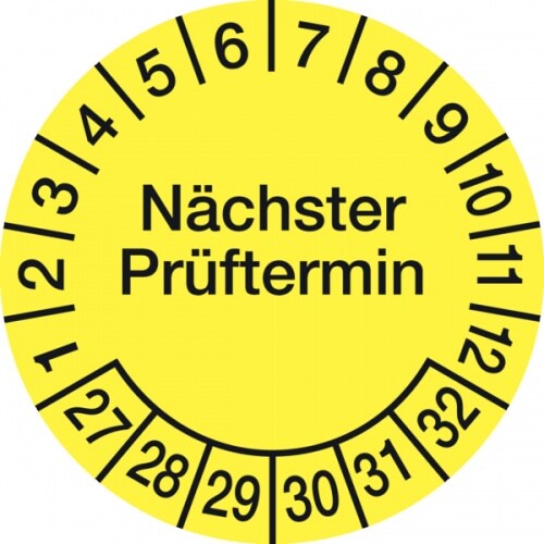 König Werbeanlagen Prüfplakette ab 27, Nächster Prüftermin, Folie, gelb/schwarz, Ø 15 - 30 mm - Bogen = 10 Plaketten - 30 mm Folie selbstklebend Image