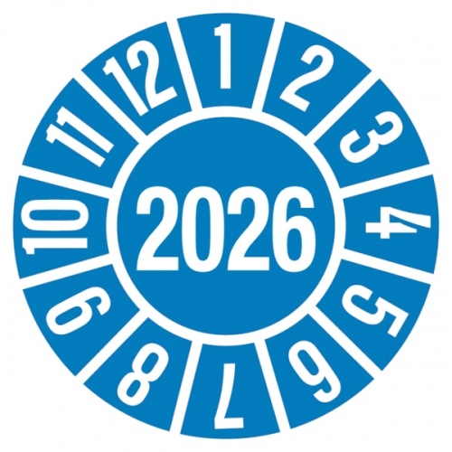 König Werbeanlagen Jahresprüfplakette ab 26, blau/weiß Ø 35mm - Bogen = 10 Plaketten - 35 mm Folie selbstklebend Image