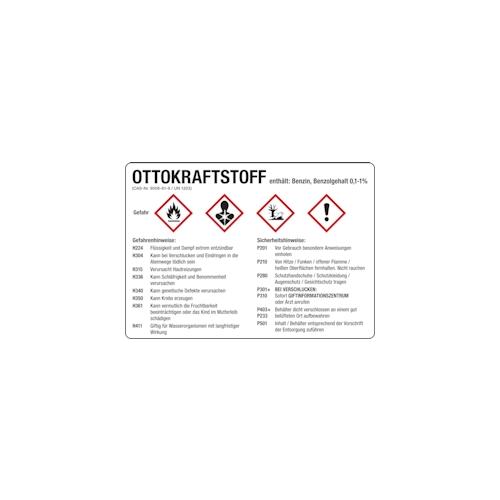 Gefahrstoffetikett, Ottokraftstoff, Benzin, Folie, mit H- und P-Sätzen /GHS/CLP/GefStoffV – 105×74 mm Folie selbstklebend