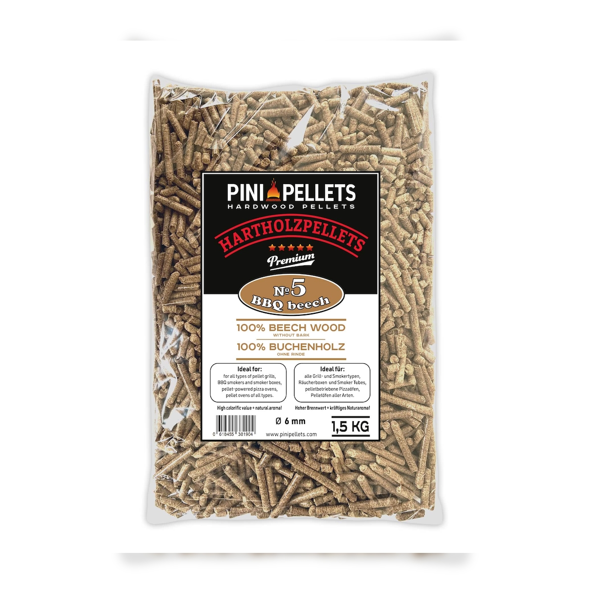 PINI Hartholzpellets 100% Buche Nr. 5 BBQ Beech 1,5 Kg Grillpellets zum Grillen Räuchern Smoken und für Pizzaofen Image