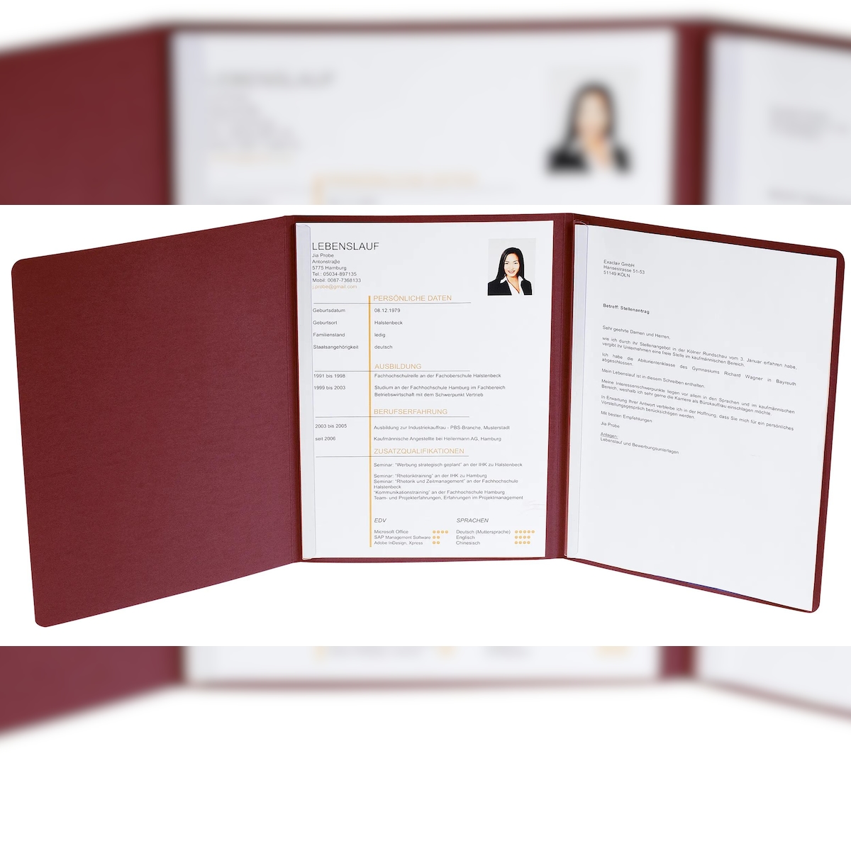 Exacompta 49208B 5x Bewerbungsmappe aus Colorspan-Karton 400g/qm mit Leinenoptik, 3-teilig mit 2 Klemmschienen, DIN A4 - Bordeauxrot Image