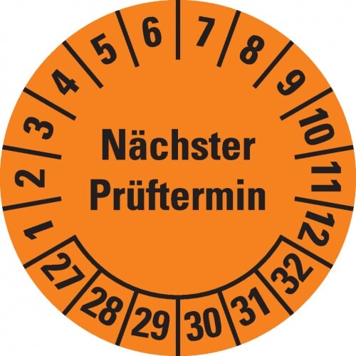 Dreifke® Prüfplakette Nächster Prüftermin,27-32,orange,Dokumentenfolie,Ø 20mm,36 St/Bogen Image