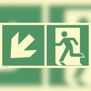 Notausgang links abwärts, Kombi, ISO 7010, Kunststoff, nachl.,160-mcd,400x200mm Image