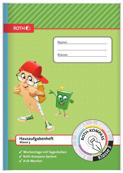 Hausaufgabenheft A5, Klasse 3, Schutzumschlag, Lernhilfen, Klassenarbeitsplan, 1 Woche / 2 Seiten, 96 Seiten, Tagesfarben u. -zahlen Image