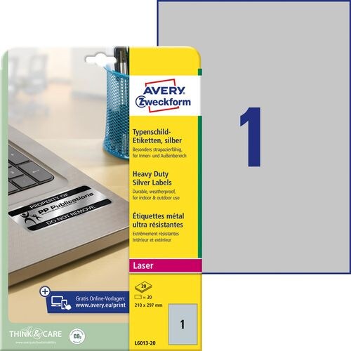 AVERY Zweckform Typenschildetiketten L6013-20 Selbsthaftend DIN A4 Silber 210 x 297 mm 20 Blatt à 1 Etiketten Image