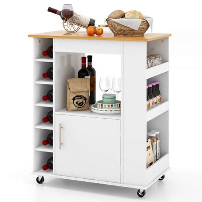 Costway Kitchen Cart on Wheels with Bamboo Top and 6-Bottle Wine Rack-White