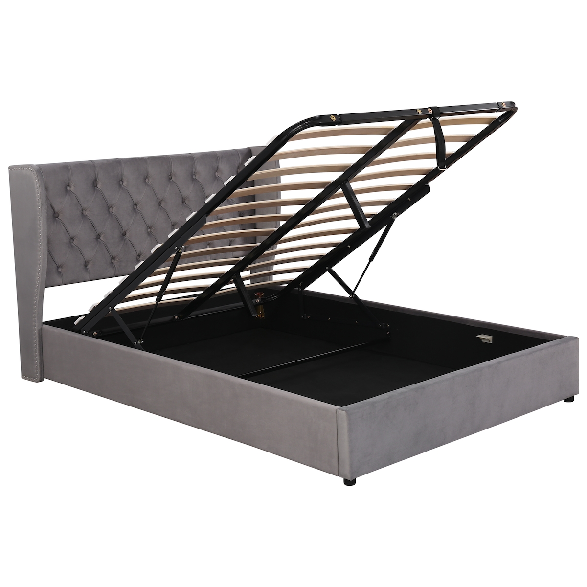 Merax Hydraulisches Polsterbett 140x200 Ohrenform Stauraumbett Knopfnähte Doppelbett aus Samt mit Vliesstoff & Lattenrost Grau Image