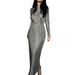 aturustex Women s Solid Color Long Sleeve Half High Neck Ruched Tie Up Dress