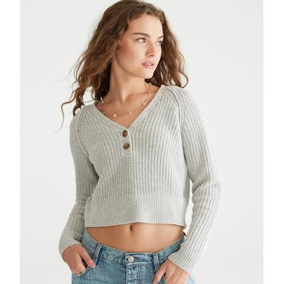Aeropostale Womens' Ribbed Cropped V-Neck Henley Sweater - Grey - Size XXL - Cotton
