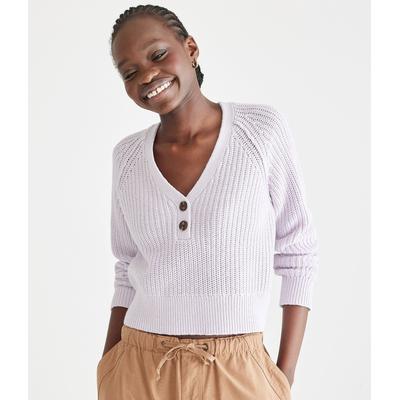 Aeropostale Womens' Ribbed Cropped V-Neck Henley Sweater - Purple - Size M - Cotton