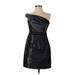 BCBGMAXAZRIA Cocktail Dress - Sheath One Shoulder Sleeveless: Black Print Dresses - Women's Size 4
