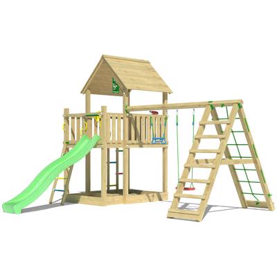 Spielturm JUNGLE GYM "Majesty", grün (hellgrün), Spieltürme, KinderB:435cm H:349cm T:452cm, Holzwerkstoff, Spielanlage mit Schaukel, Kletterbock und Rutsche mit Wasseranschluss, B:435cm H:349cm T:452cm