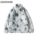 Hip Hop Winter Faux Fur Fleece Jacket Streetwear Men Harajuku Tie Dye Heart Fuzzy Jackets Warm Coats