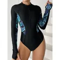 Surf Long Sleeve Swimsuit 2023 Rash Guard Swimwear Women Zipper One Piece Diving Clothes Leaves