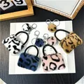 Plush Leopard Print Wallets Keyring For Women Cartoon Coin Purses With Keychain Mini Earphone Bag