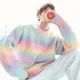 2022 Men's Gradient Tie Dye Round Neck Loose Sweater Knit Sweater Autumn Rainbow Striped Casual Long