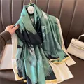 Vintage Green Lotus Print Silk Scarf Women Elegant Shawl Classic Outdoor Windproof Satin Head Wrap